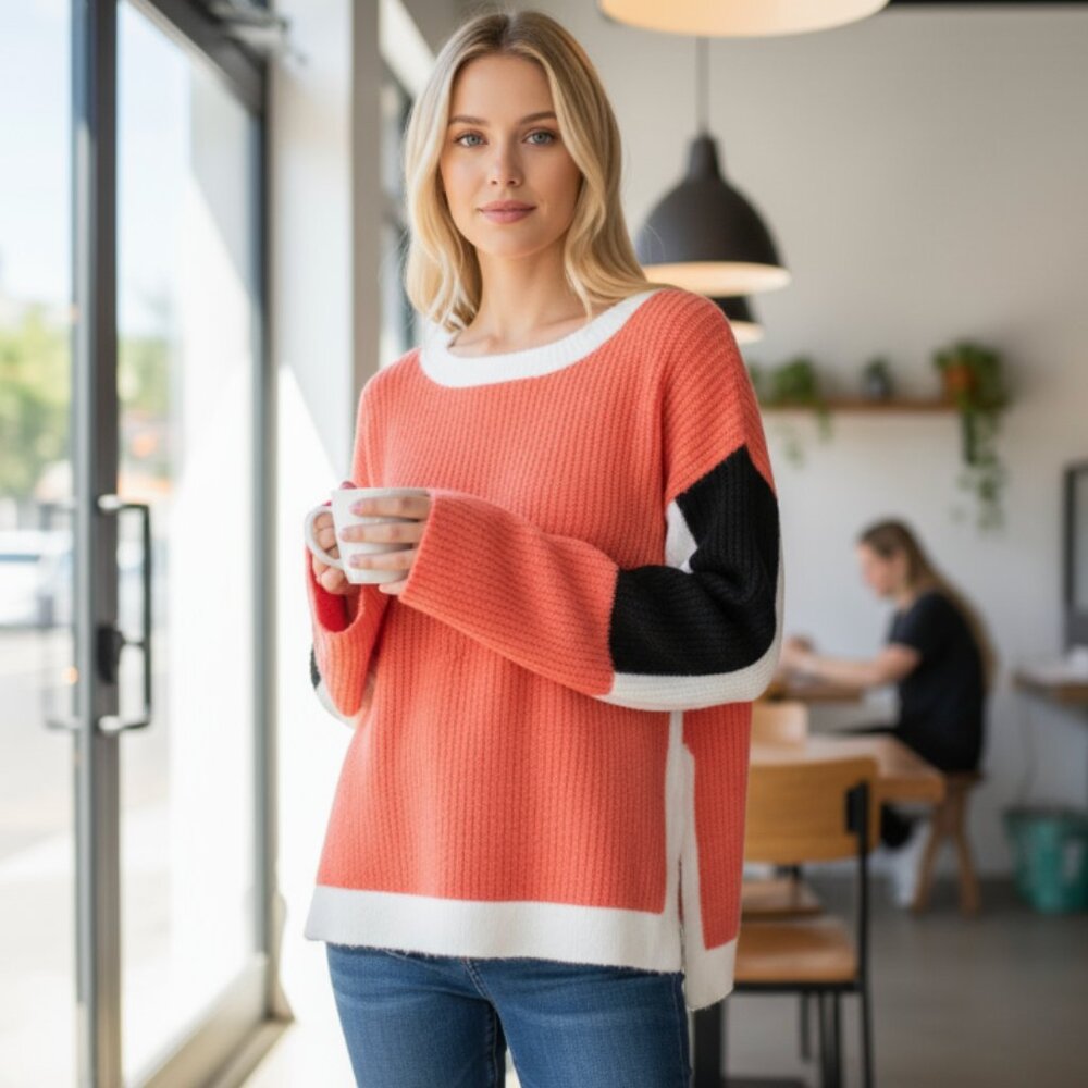 NWT Adyson Parker Color Block Crew Neck Sweater In Coral Dust